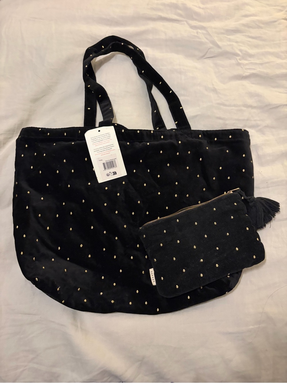 Sezane limited Xmas Black Velvet Gold Polka Dot Tote Bag with Matching Pouch